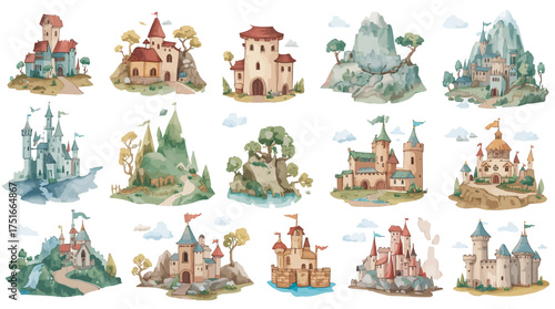 A collection of stylized isometric fantasy map icons including castles, towers, villages, bridges, and shrines