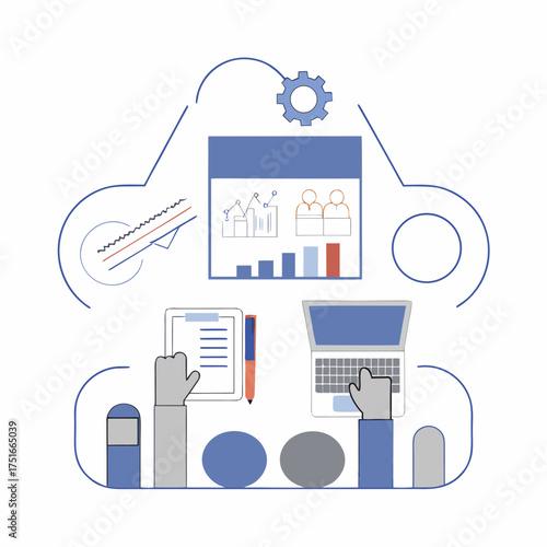 Cloud Data Storage and Business Analytics Flat Vector Illustration