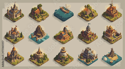 A collection of stylized isometric fantasy map icons including castles, towers, villages, bridges, and shrines