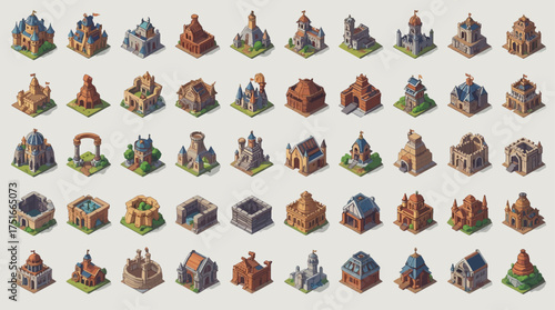 A collection of stylized isometric fantasy map icons including castles, towers, villages, bridges, and shrines