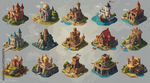 A collection of stylized isometric fantasy map icons including castles, towers, villages, bridges, and shrines