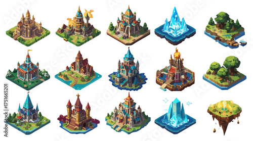 A collection of stylized isometric fantasy map icons including castles, towers, villages, bridges, and shrines