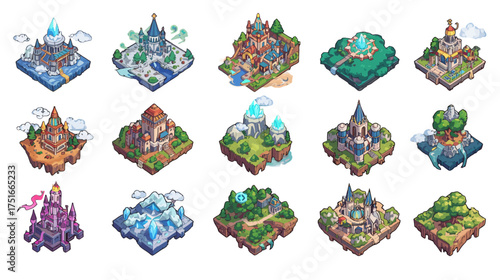 A collection of stylized isometric fantasy map icons including castles, towers, villages, bridges, and shrines