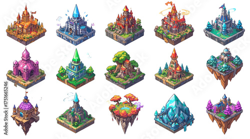 A collection of stylized isometric fantasy map icons including castles, towers, villages, bridges, and shrines