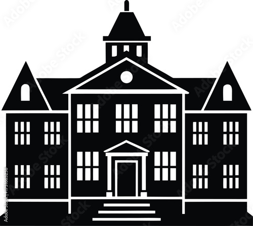 Colonial style building silhouette with steeple and symmetrical windows classic architecture education institution