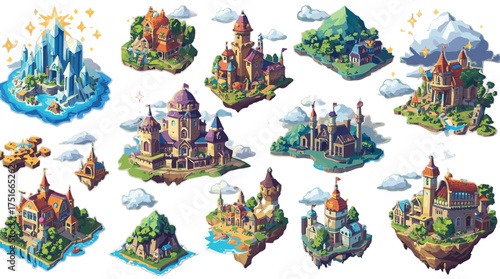 A collection of stylized isometric fantasy map icons including castles, towers, villages, bridges, and shrines