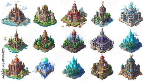 A collection of stylized isometric fantasy map icons including castles, towers, villages, bridges, and shrines