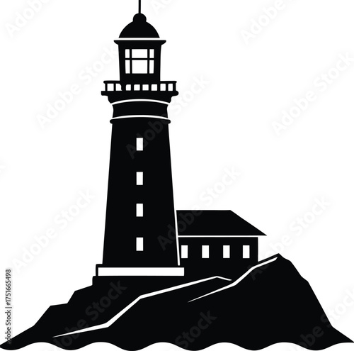Tall Lighthouse Silhouette on Rocky Cliff Coastline Beacon Tower Ocean Navigation Guidance Symbol
