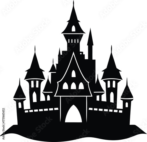 Intricate Castle Silhouette Design Ancient Fortress Vector Graphic Medieval Structure Outline Illustration