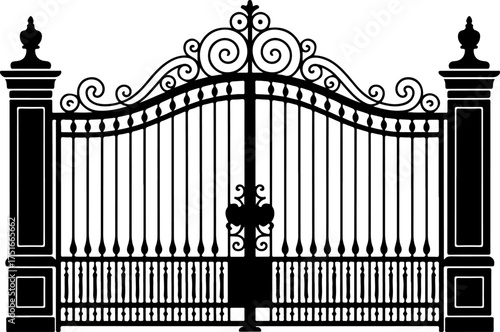 Grand Wrought Iron Gate Flanked by Two Tall Pillar Posts with Decorative Finials