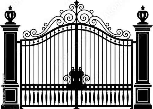 Grand Wrought Iron Gate Flanked by Two Tall Pillar Posts with Decorative Finials