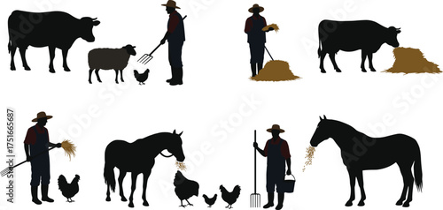 Farmers with animals feeding cows, sheep, horses, and chickens using hay and pitchforks, rural agriculture lifestyle vector illustration for stock
