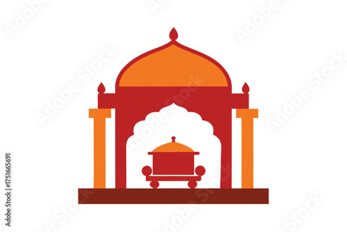 Intricate indian palki procession design with a traditional temple arch frame on a clean white background