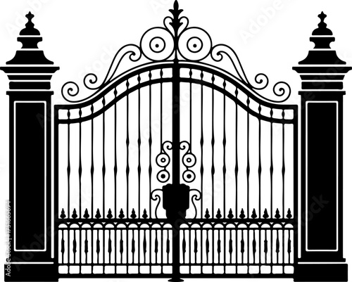Grand Wrought Iron Gate Flanked by Two Tall Pillar Posts with Decorative Finials