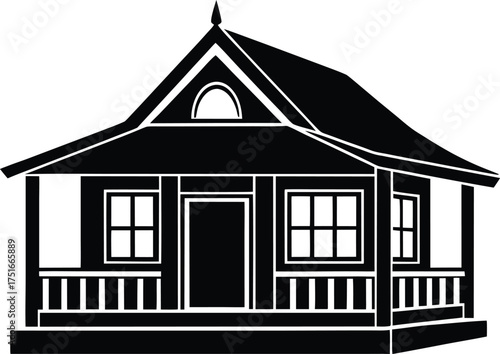 Charming cozy house cottage silhouette vector design. Rural residential dwelling graphic icon. Traditional bungalow vector illustration. Black suburban home symbol