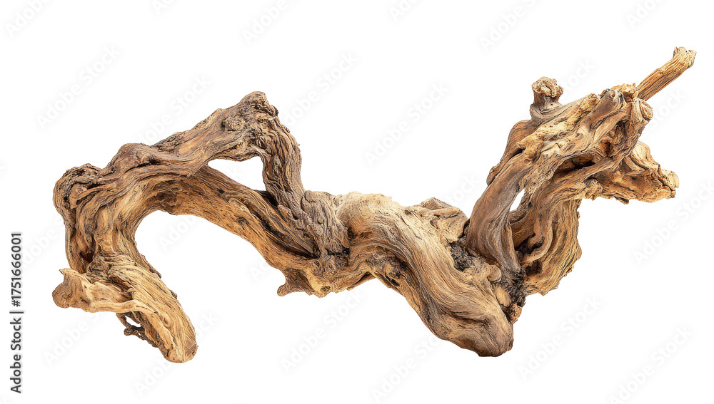 Fototapeta premium Intricate, curved piece of driftwood, light tan and brown hues, organic shapes