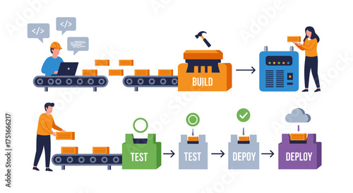 Software development pipeline showing build test and deploy stages of continuous integration and delivery