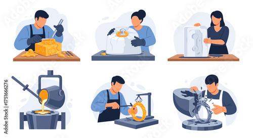 Illustrations of Artisans Crafting Objects Through Various Traditional Manufacturing Methods