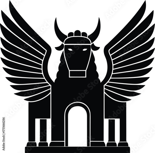 Ancient mythological winged bull lamassu silhouette vector illustration mesopotamian protective deity isolated on transparent background