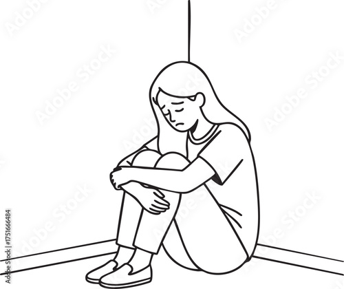  Lonely young woman hugging knees in corner, black and white line art vector