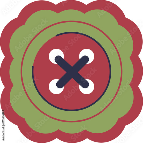 Decorative Scalloped Sewing Button With Four Holes And Cross Stitch Detail In Red Green And Dark Blue