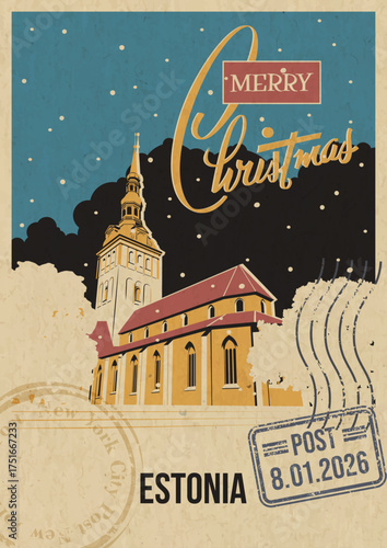 Merry Christmas Estonia Tourist Attraction Greeting Card. Olaf Church Illustration. Vector Template Retro Style Postcard. Postal Imprint, Aged Paper Texture, Snow