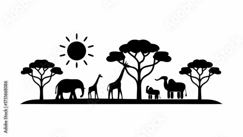 Iconic safari landscape silhouette featuring elephants, giraffes, and acacia trees under the sun, creating a powerful symbol of African wildlife and nature