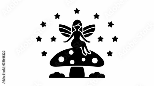 Enchanting fairy perched on a mushroom surrounded by stars, perfect for children's books, whimsical designs, and magical illustrations, scalable vector graphic