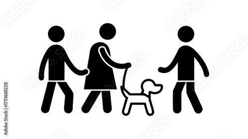 Delightful icon showing people walking a dog, perfect for pet services ads, community event posters, or family-friendly guides, simple and universally appealing