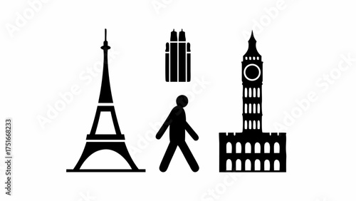 Iconic European travel destinations with Eiffel Tower, Gherkin, Big Ben and a pedestrian symbol, symbolizing global tourism and exploration adventures