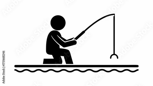 Simple fishing icon showing fisherman with rod on water, enjoying outdoor recreation and angling, embodying leisure, sport, and minimalist design