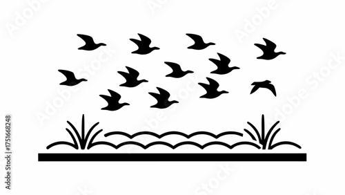 Graceful birds flying together above the water, a peaceful nature scene perfect for logos, minimalist designs, or representing freedom and migration