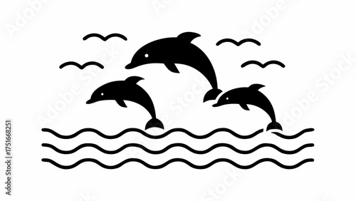 Playful dolphins leaping joyfully from the water create a stunning, dynamic monochrome aquatic splash pattern