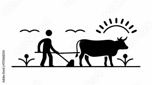 Timeless rural scene of a farmer plowing a field with an ox under the sun, evokes a sense of tradition, hard work, and connection to the land