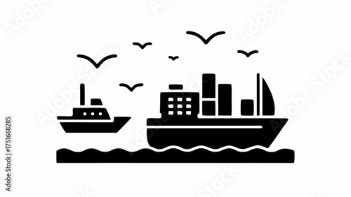 Minimalist black and white cityscape with boats, sailboat, and flying birds on the water