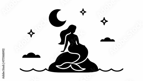 Enchanting mermaid silhouette under a crescent moon and twinkling stars, a fantasy scene evoking magic and wonder, perfect for children's books and whimsical designs
