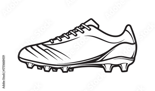 Black and white line drawing of a soccer cleat with laces and studs