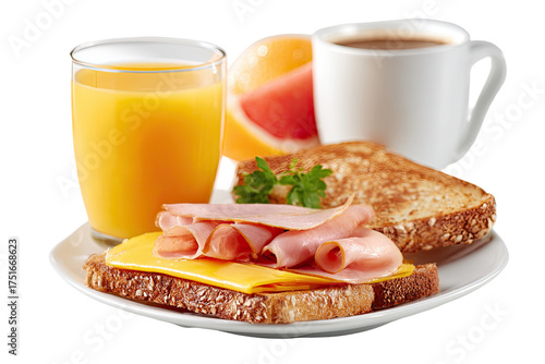 Breakfast platter with orange juice, coffee, toast, ham, and cheese