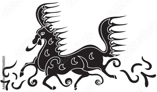 경주 천마총에서 출토된 말 안장 덮개인 천마도로 하얀 말이 날아오르는 모습