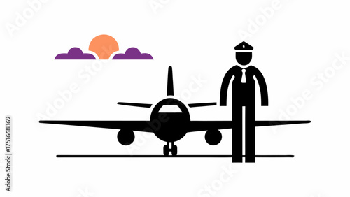 Professional pilot standing proudly next to modern airplane ready for takeoff with sunset in the sky, aviation career, transportation industry icon