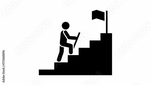 Achieve Success Climbing Steps to Reach the Flag, Pictogram of a Person Striving for Goals, Reaching Milestones with Determination and Ambition