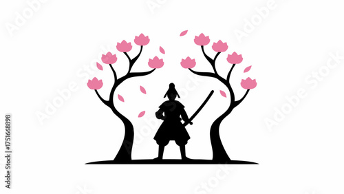 Awe-Inspiring Samurai Warrior Standing Guard Under Blossoming Cherry Trees, Evoking Japanese Tradition and Strength, Perfect for Martial Arts and Cultural Projects