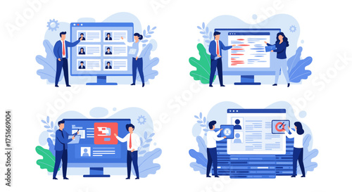 Business professionals collaborate on digital displays for data analysis and project management tasks