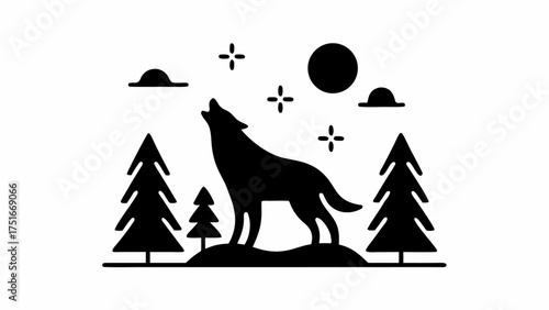 Mystical wolf howling at the moon amidst forest trees, stars, and clouds evokes a sense of nature, wilderness, and animal spirit in a timeless design
