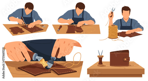 Artisan Crafting Leather Wallets Through Traditional Hand Stitching Techniques