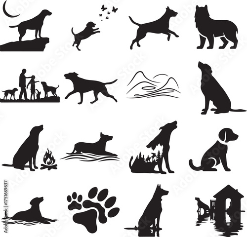 Black silhouette vector graphic of dogs and animals various designs