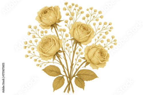 Yellow roses bouquet with leaves and small decorative elements, vintage watercolor floral illustration on transparent background