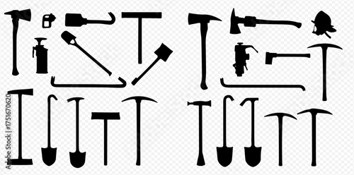 A collection of black silhouettes representing various firefighter tools and equipment.