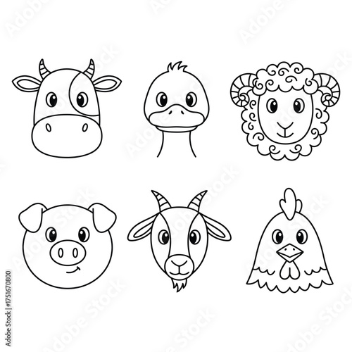 Farm animals line art illustration featuring a cow duck sheep pig goat and chicken