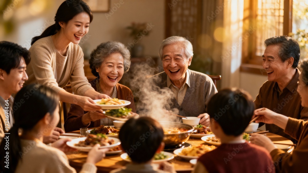 Fototapeta premium Family gathering enjoying a meal together around the dining table 